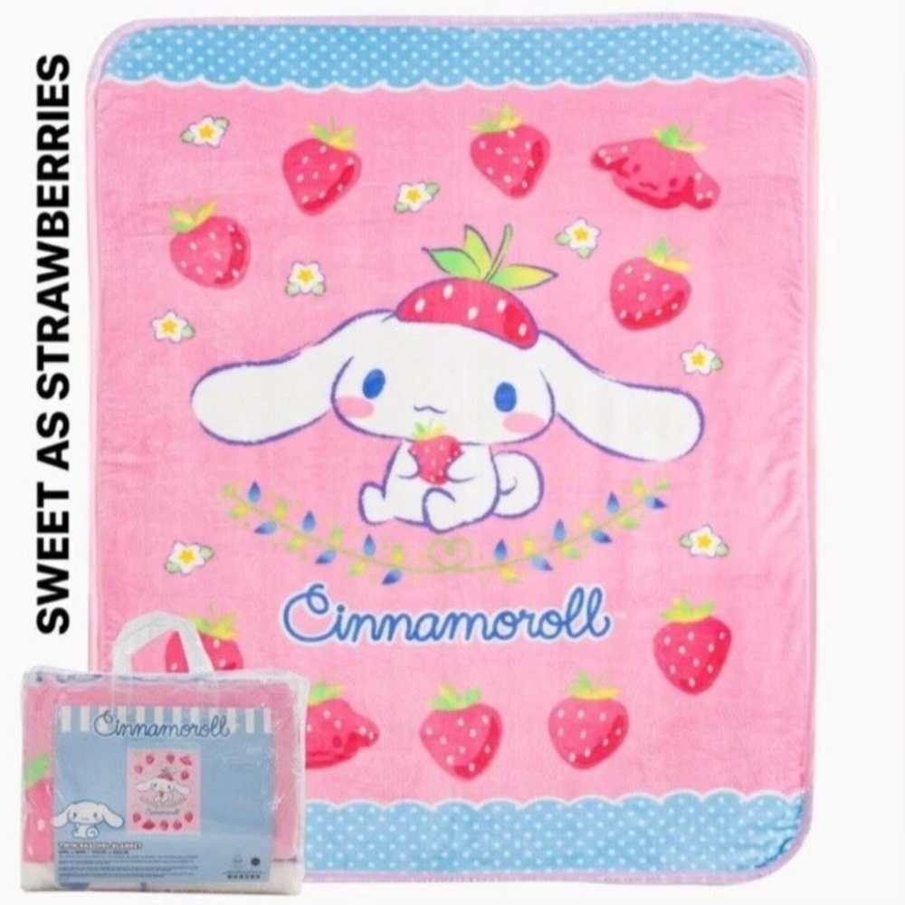 SANRIO CINNAMOROLL TWIN SIZE BLANKET FEATURE STRAWBERRIES🍓60x80 FREE SHIPPING